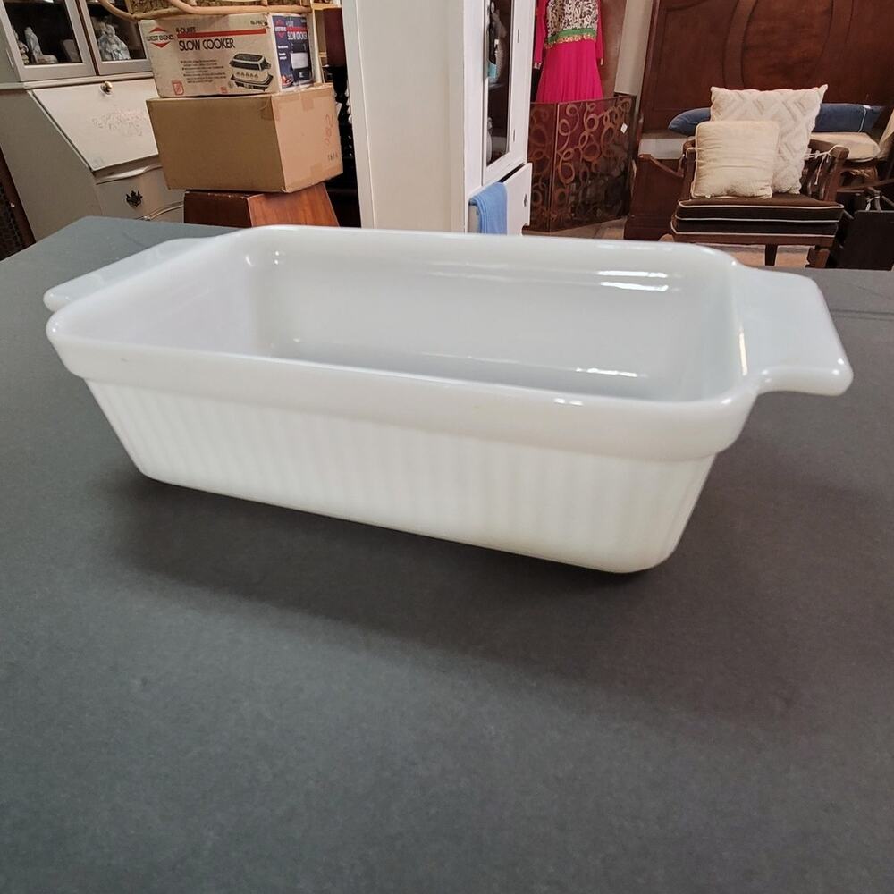 Vintage Fire-King White Milk Glass Ribbed Loaf Pan Anchor Hocking Baker Cookware